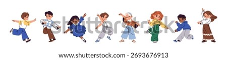 Cute dancing children set. Happy kids perform with hip hop. Funny little dancers move with music. Child performers have fun at the party. Flat isolated vector illustrations on white background