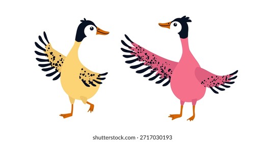 Personagem de pato dançante bonito com penas macias, pose divertida e expressão alegre, em estilo texturizado, cores pastel macias, formas limpas, isolado no fundo branco. Vetor