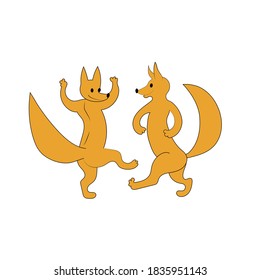 Cute dancing foxes. Vector color cartoon hand drawing image.