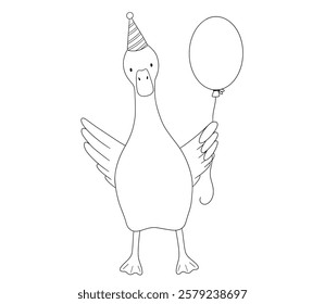 Cute dancing goose with party cap and balloon, childish line art, hand drawn illustration for coloring book or page