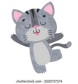 Cute dancing gray kitty, kitten, cat with big eyes, black stripes on white background. Vector illustration for postcard, banner, web, decor, design, arts, calendar.