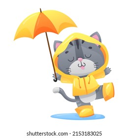 Cute dancing gray kitty, kitten, cat with umbrella in yellow raincoat, coat, boots isolated on white background. Vector illustration for postcard, banner, web, design, arts.