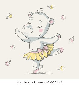 Cute dancing hippo ballerina cartoon hand drawn vector illustration. Can be used for t-shirt print, kids wear fashion design, baby shower invitation card.