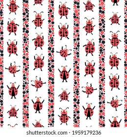 Cute dancing ladybirds stripe seamless vector pattern background. Kawaii ladybugs in childlike drawing style with vertical dot bubble fill stripes. Garden bug design in red black. Repeat for children