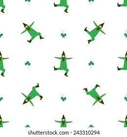 Cute dancing leprechaun and clover flower seamless pattern for Saint Patrick's Day