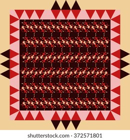 Cute dancing monkeys in geometric ornamental frame. Bandana print or silk neck scarf. Kerchief square pattern design style for print on fabric. Vector illustration.