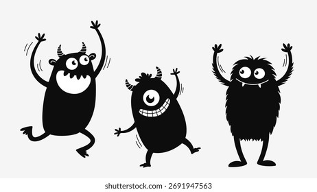 Cute Dancing Monsters Set. Fun Black Silhouette