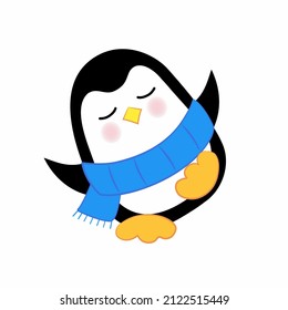 Cute dancing penguin in a blue scarf.  Vector illustration. Kawaii, children's isolated vector illustration.  