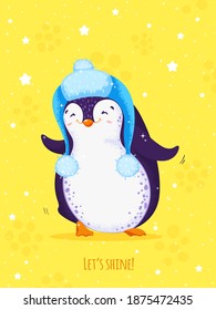 Cute dancing penguin in a hat with ear flaps. Yellow trendy background with snowflakes and stars. Greeting card with text Lets shine. Vector cartoon illustration.