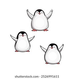 Ilustración de dibujos animados de lindos pingüinos bailarines. Adorables pingüinos con alas extendidas Arte vectorial