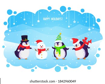 Cute dancing penguins and snowman in funny hats and scarves. Merry Christmas greeting card. New year vector illustration with text Happy holidays. Different clothing and hats, various poses. 