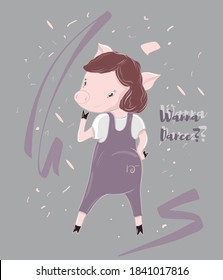 adorable danza Piggy con encantadora mirada, ilustración de personajes de dibujos animados