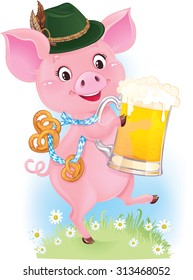 Cute dancing piglet is holding beer and pretzels