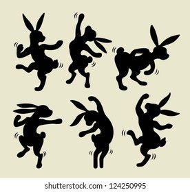 Cute dancing rabbit silhouette. Black shadow style, 6 movement dance style. Ballet, rock n roll, swing, blues, happy follow the music. Easy to edit and change color, because each item is a group.