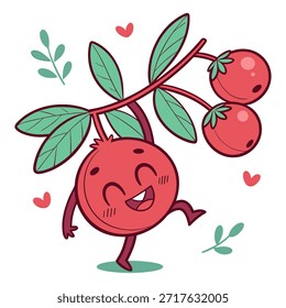 Linda ilustración de dibujos animados de baya roja bailando con hojas verdes y corazones Pequeños