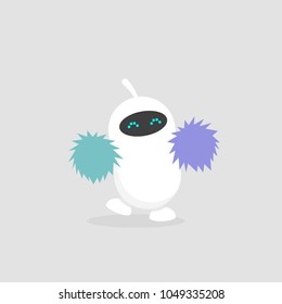 Cute dancing robot. Cheerleader with pom poms. Artificial intelligence. Mascot. Flat editable vector illustration clip art