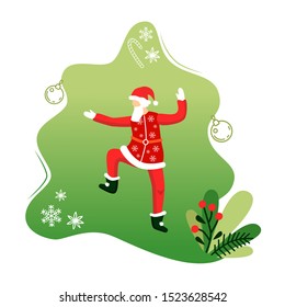 Cute dancing Santa Claus flat illustration on green background. Positive Santa's character. Christmas  greeting card, banner, poster design element. Vector concept.
