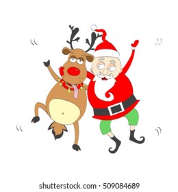 Cute dancing Santa Claus and reindeer vector. Christmas  illustration for your design.