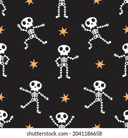 Cute dancing skeleton seamless pattern for Halloween. Flat vector cartoon design