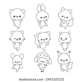 Conjunto de ilustración de dibujos animados linea de animales Pequeños danzantes. Kawaii happy cubs disfrutando de los iconos de contorno de vacaciones Vector personajes colección