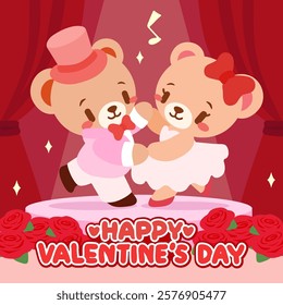 Cute Dancing Teddy Bears on Valentine’s Stage with Romantic Roses. Kawaii Valentine’s Day Illustration with Teddy Bears and Red Curtains.