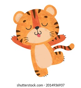 Cute dancing tiger, tiger cub with brown stripes, symbol of new 2022 year on white background. Vector illustration for postcard, banner, web, decor, design, arts, calendar.