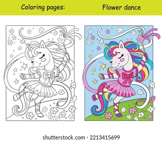 Bailarina de unicornio. Página del libro de colorear para niños con una plantilla colorida. Ilustración de dibujos animados de vectores aislados en fondo blanco. Para coloración, educación, impresión, juego, decoración, rompecabezas, diseño