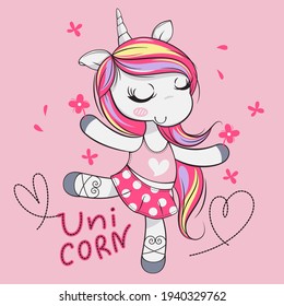 Cute dancing unicorn with flower isolated on pink background illustration vector.