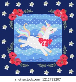 Cute dancing unicorn on blue polka dot background in beautiful floral frame. Patchwork pattern. Beautiful collection.