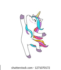 Cute dancing unicorn vector background isolated on white. Cool patch illustration.