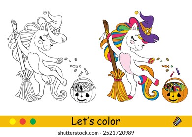 Linda bruja de unicornio bailando con un palo de escoba. Concepto de Halloween. Niños para colorear y muestra de color. Ilustración vectorial aislada sobre fondo blanco. Para colorear libro, educación, impresión, juego, diseño