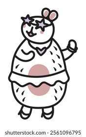 Cute dancing whimsical capybara, black line vector doodle, trendy kawaii female character, big friendly rodent with festive mood