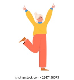 Cute dancing woman with raised hands. International Women's Day concept for card, poster, banner and other. Flat vector illustration