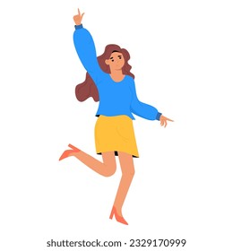 Cute dancing woman with raised hands. International Women's Day concept for card, poster, banner and other. Flat vector illustration