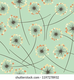 Cute dandelion blowing vector floral seamless pattern. Lovely flowers with heart shaped fluff flying. Vector dandelion herbs meadow flowers floral background. Meadow blossom textile print graphics.