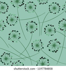 Cute dandelion blowing vector floral seamless pattern. Cute flowers with heart shaped fluff flying. Dandelion herbs meadow flowers floral pattern design. Meadow blossom fabric print.