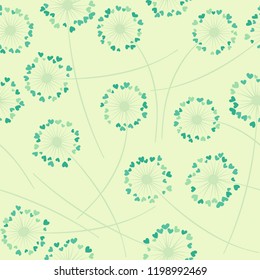 Cute dandelion blowing vector floral seamless pattern. Lovely flowers with heart shaped petals. Dandelion herbs meadow flowers floral background design. Meadow blossom with hearts petals.