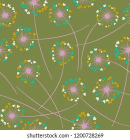 Cute dandelion blowing vector floral seamless pattern. Lovely flowers with heart shaped petals. Dandelion herbs meadow flowers floral background design. Meadow blossom textile print graphics.