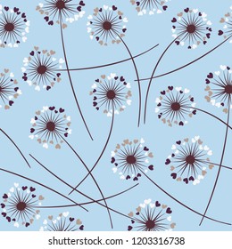 Cute dandelion blowing vector floral seamless pattern. Simple flowers with heart shaped petals. Vector dandelion herbs meadow flowers floral background. Meadow blossom textile print.