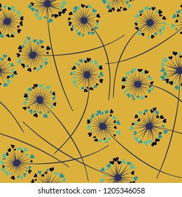 Cute dandelion blowing vector floral seamless pattern. Lovely flowers with heart shaped petals. Dandelion herbs meadow flowers floral background design. Meadow blossom with hearts fuzz.