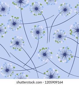 Cute dandelion blowing vector floral seamless pattern. Spring flowers with heart shaped petals. Dandelion herbs meadow flowers floral background design. Meadow blossom with hearts fuzz.