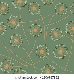 Cute dandelion blowing vector floral seamless pattern. May flowers with heart shaped fluff flying. Vector dandelion herbs meadow flowers floral background. Meadow blossom with hearts fuzz.