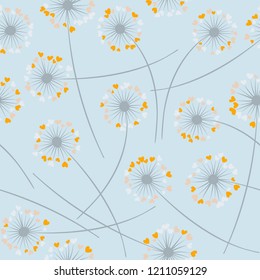 Cute dandelion blowing vector floral seamless pattern. May flowers with heart shaped fluff flying. Dandelion herbs meadow flowers floral background design. Meadow blossom fabric print.