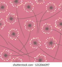 Cute dandelion blowing vector floral seamless pattern. May flowers with heart shaped fluff flying. Dandelion herbs meadow flowers floral background design. Meadow blossom fabric print.