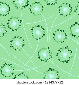 Cute dandelion blowing vector floral seamless pattern. Lovely flowers with heart shaped petals. Vector dandelion herbs meadow flowers floral background. Meadow blossom textile print.