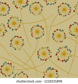 Cute dandelion blowing vector floral seamless pattern. Lovely flowers with heart shaped petals. Dandelion herbs meadow flowers floral background design. Meadow blossom textile print.