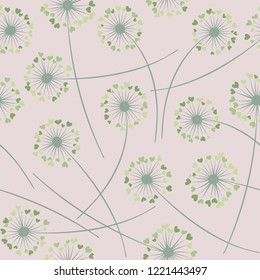 Cute dandelion blowing vector floral seamless pattern. Lovely flowers with heart shaped fluff flying. Dandelion herbs meadow flowers floral background design. Meadow blossom textile print graphics.