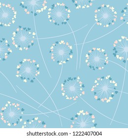 Cute dandelion blowing vector floral seamless pattern. Lovely flowers with heart shaped petals. Vector dandelion herbs meadow flowers floral background. Hearts love symbols meadow blossom.