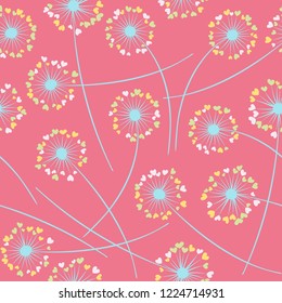 Cute dandelion blowing vector floral seamless pattern. Lovely flowers with heart shaped petals. Vector dandelion herbs meadow flowers floral background. Meadow blossom fabric print.