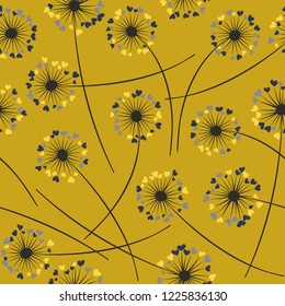 Cute dandelion blowing vector floral seamless pattern. Spring flowers with heart shaped fluff flying. Vector dandelion herbs meadow flowers floral background. Hearts love symbols meadow blossom.